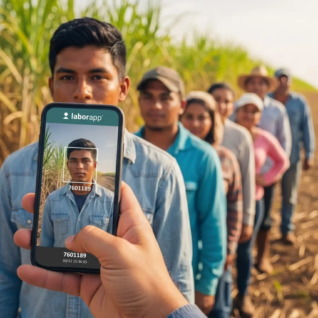 Trabajador agrícola registrando asistencia laboral con reconocimiento facial LaborApp